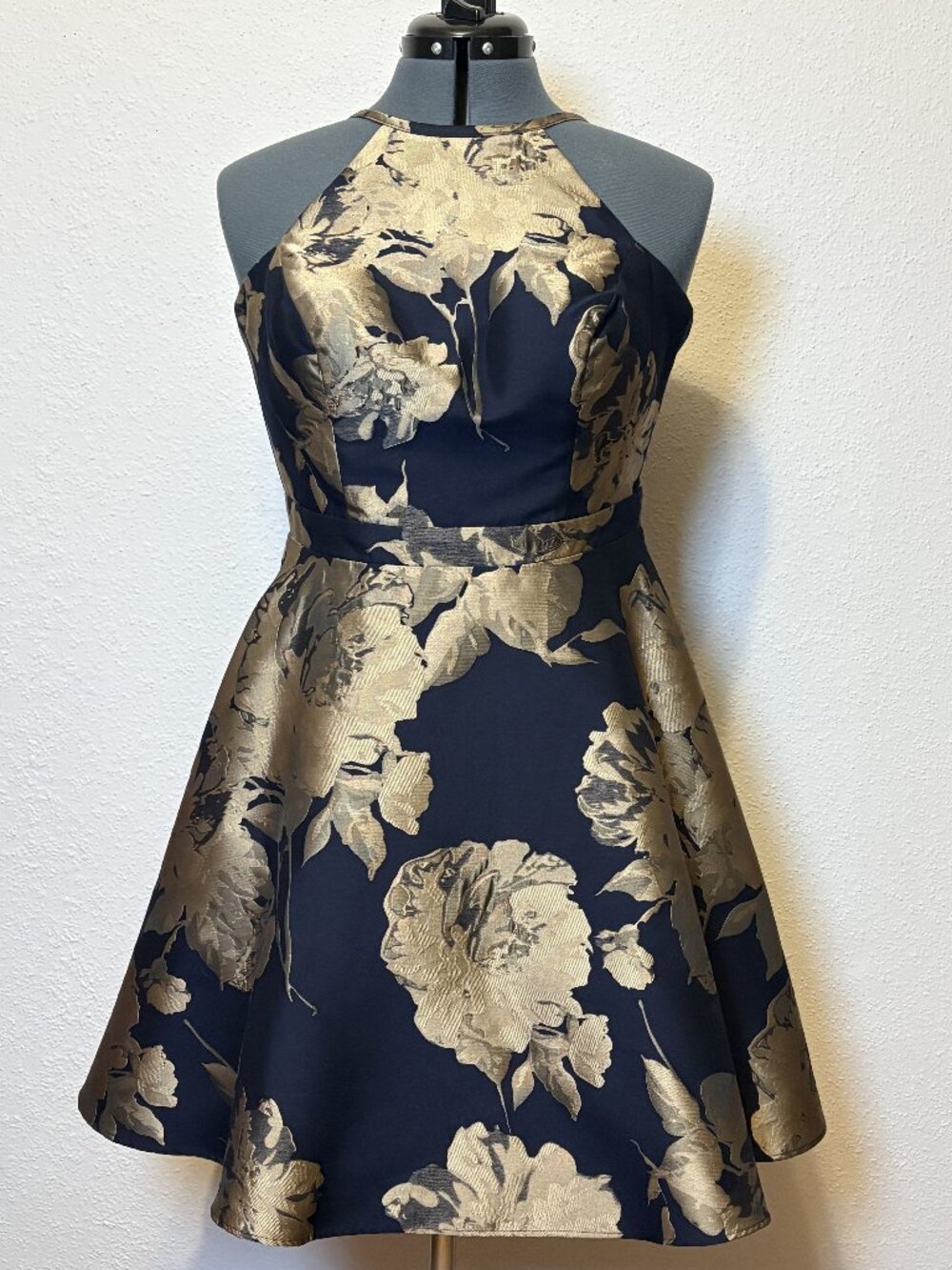 Xscape 6 Navy Gold Floral Brocade Halter Fit Flare Cocktail Party Dress USA